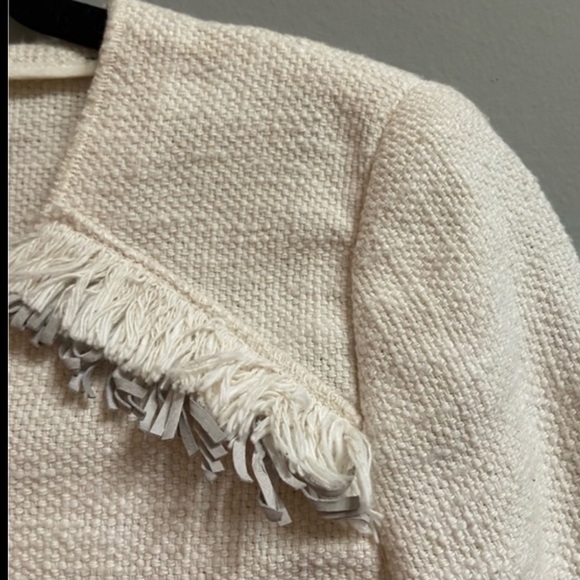 Rebecca Taylor Tweed Look Cotton Fray Fringe Raw Edge Leather Blazer Jacket Sz 6 - Picture 4 of 16